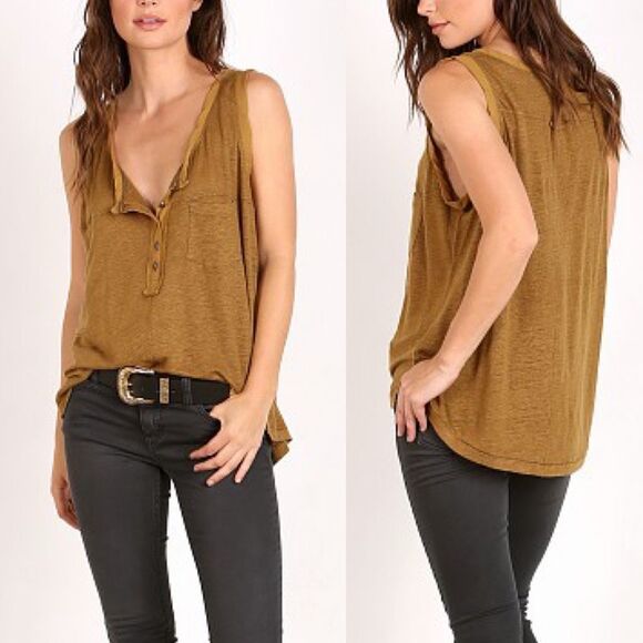 Free People Linen Travel Tank Top Small Oversized Mustard Yellow - Picture 1 of 6